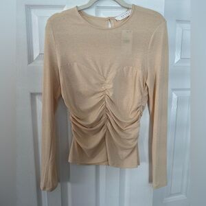 Astr Ruched Front Long Sleeve Top in Cream Beige